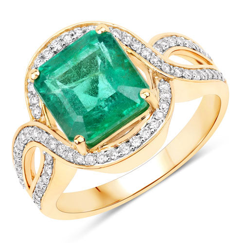 IGI Certified 3.72 Carat Genuine Zambian Emerald and White Diamond 14K Yellow Gold Ring