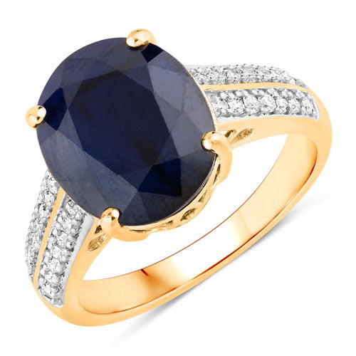 6.49 Carat Genuine Blue Sapphire and White Diamond 14K Yellow Gold Ring