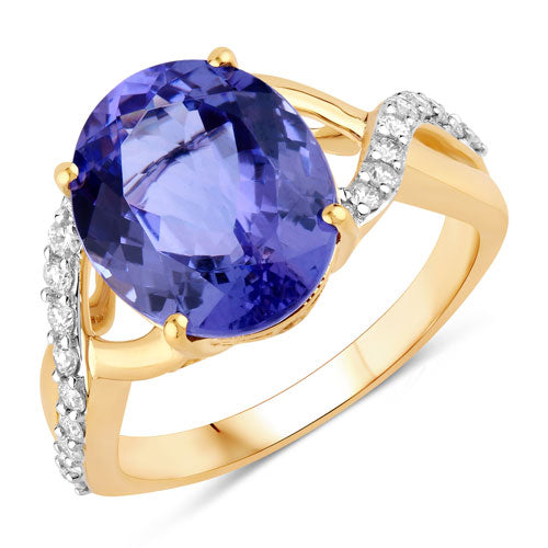 5.19 Carat Genuine Tanzanite and White Diamond 14K Yellow Gold Ring