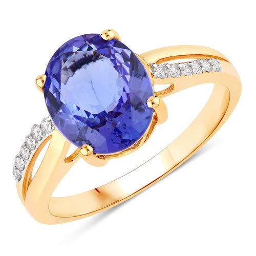 2.80 Carat Genuine Tanzanite and White Diamond 14K Yellow Gold Ring