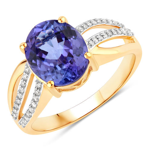3.26 Carat Genuine Tanzanite and White Diamond 14K Yellow Gold Ring