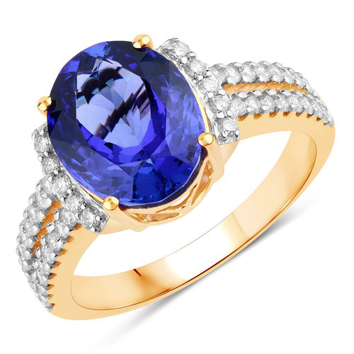 4.20 Carat Genuine Tanzanite and White Diamond 14K Yellow Gold Ring
