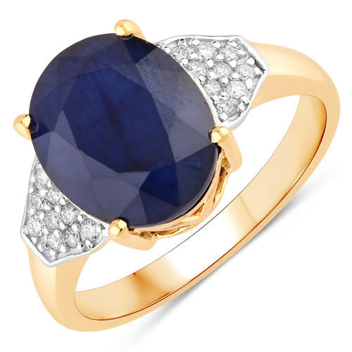 4.46 Carat Genuine Blue Sapphire and White Diamond 14K Yellow Gold Ring