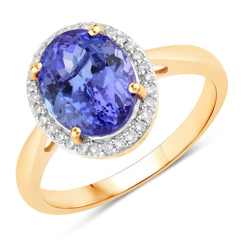 3.43 Carat Genuine Tanzanite and White Diamond 14K Yellow Gold Ring