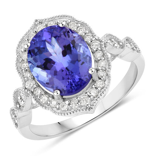 3.85 Carat Genuine Tanzanite and White Diamond 14K White Gold Ring