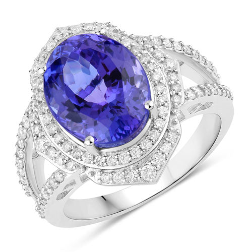 6.56 Carat Genuine Tanzanite and White Diamond 14K White Gold Ring