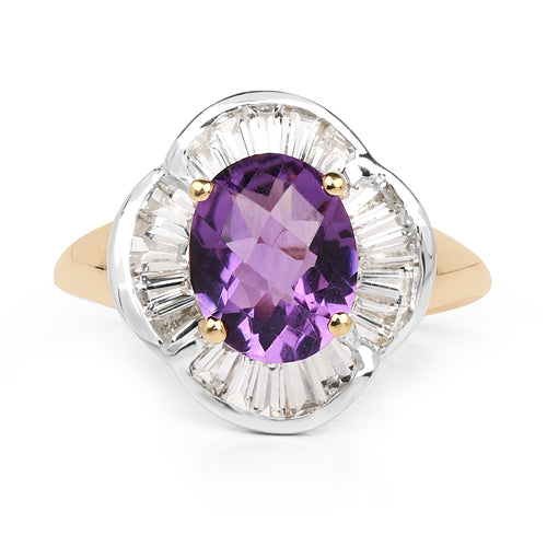14K Yellow Gold Plated 3.35 Carat Genuine Amethyst & White Topaz .925 Sterling Silver Ring
