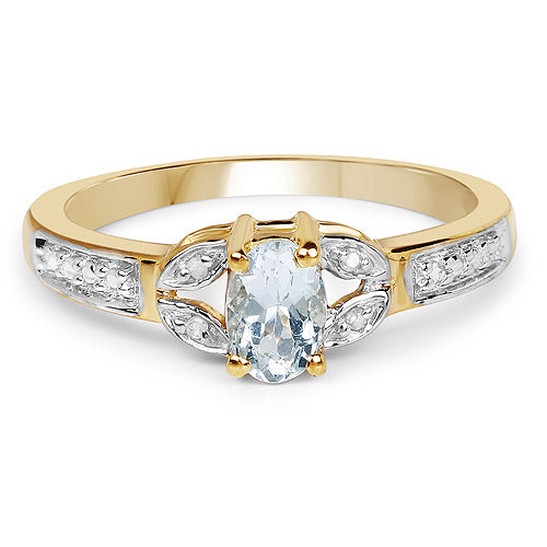 14K Yellow Gold Plated 0.42 Carat Genuine Aquamarine and White Diamond .925 Sterling Silver Ring