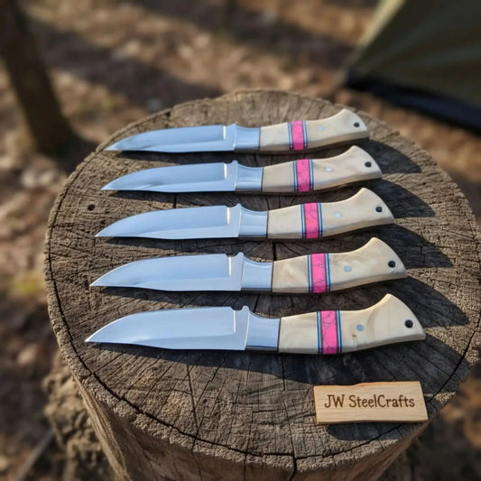 5-Piece Resin Hunting Knife Set with Cream Resin & Pink Turquoise Handles