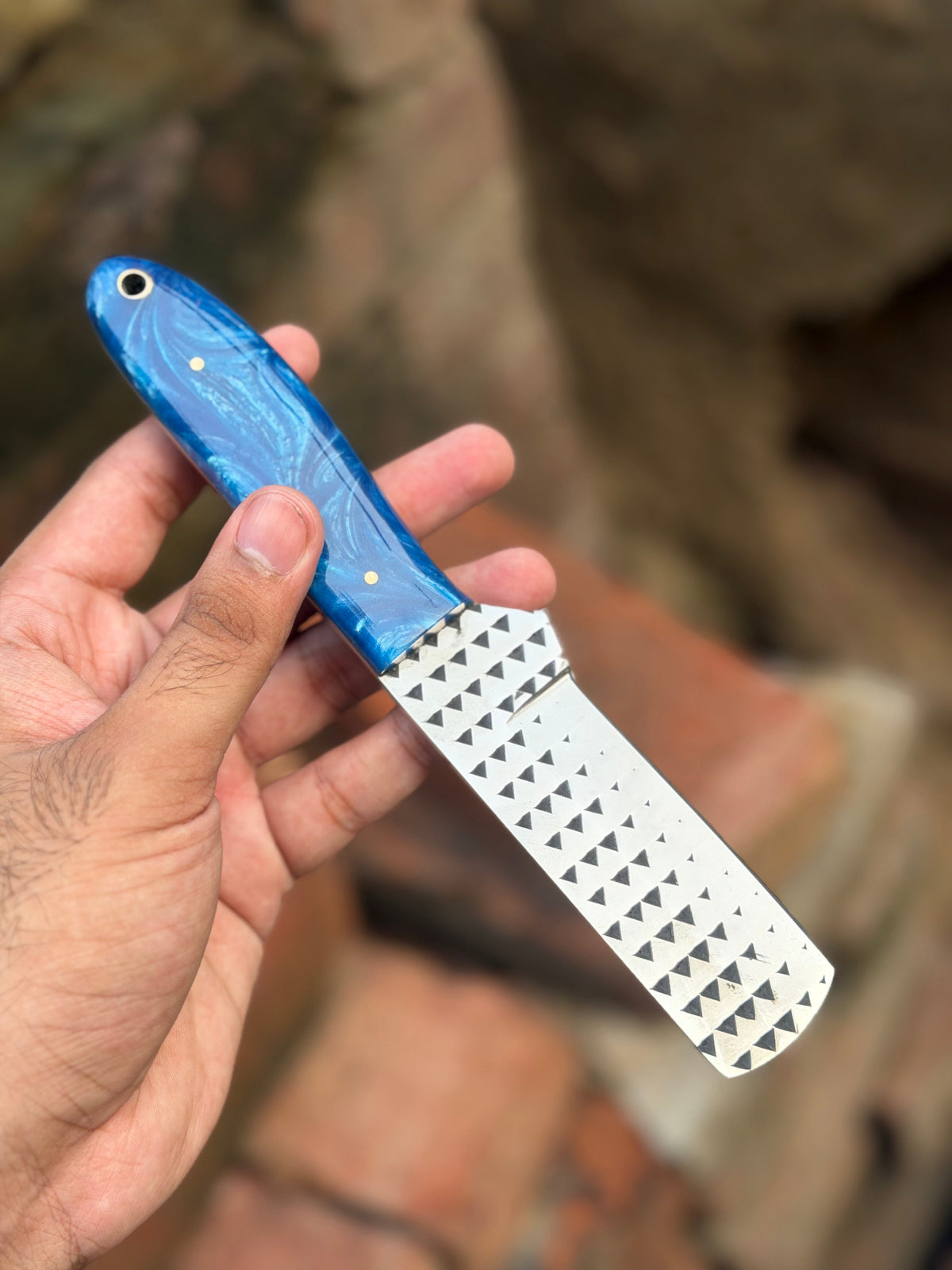 Handmade Farrier Bull Rasp Knife 8" with blue and white swirl resin handle