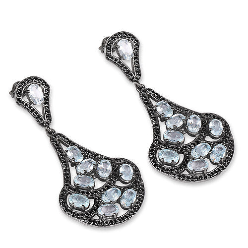 12.19 Carat Genuine Blue Topaz and Black Spinel .925 Sterling Silver Earrings