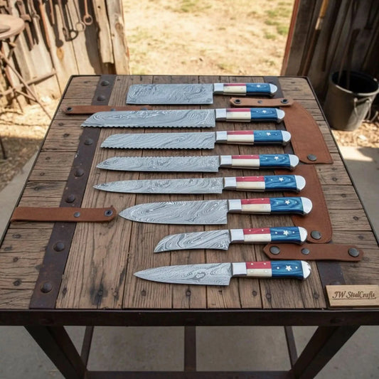 8-Piece Texas Flag Damascus Knife Set with Cleaver, Bread Knife & More