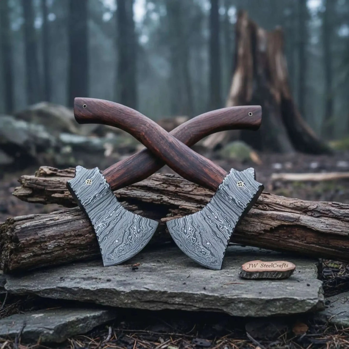 Hollowpine Twin Hatchet Set with Wood Grain Damascus Steel Heads
