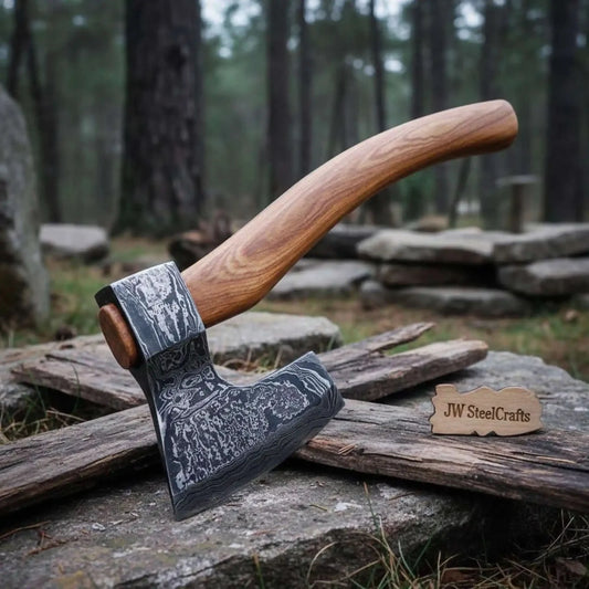 Historical Scandinavian Skeggøx — Curved Hardwood Handle with Hand-Forged Damascus Head